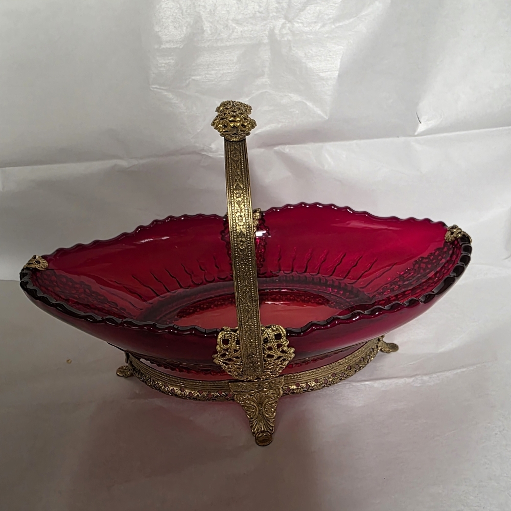 New Martinsville Vintage Ruby Red Glass and Ormolu Bridal Basket